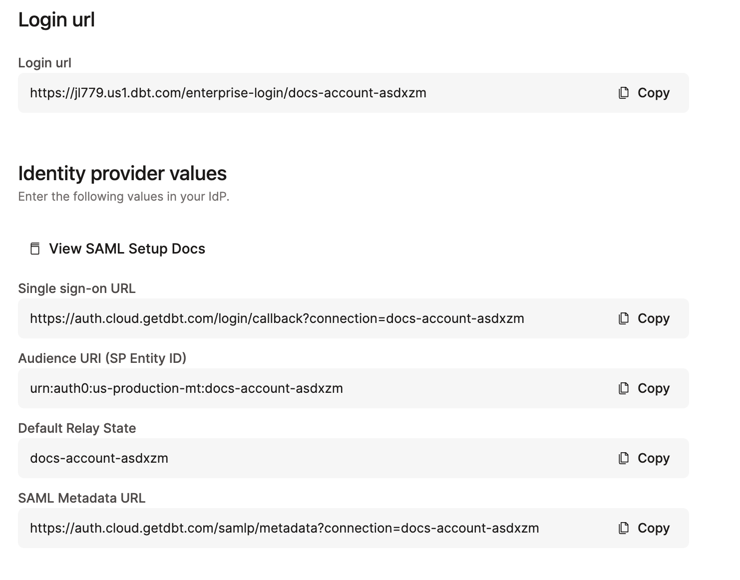 Example of the identity provider values for a SAML 2.0 provider Example of the identity provider values for a SAML 2.0 provider